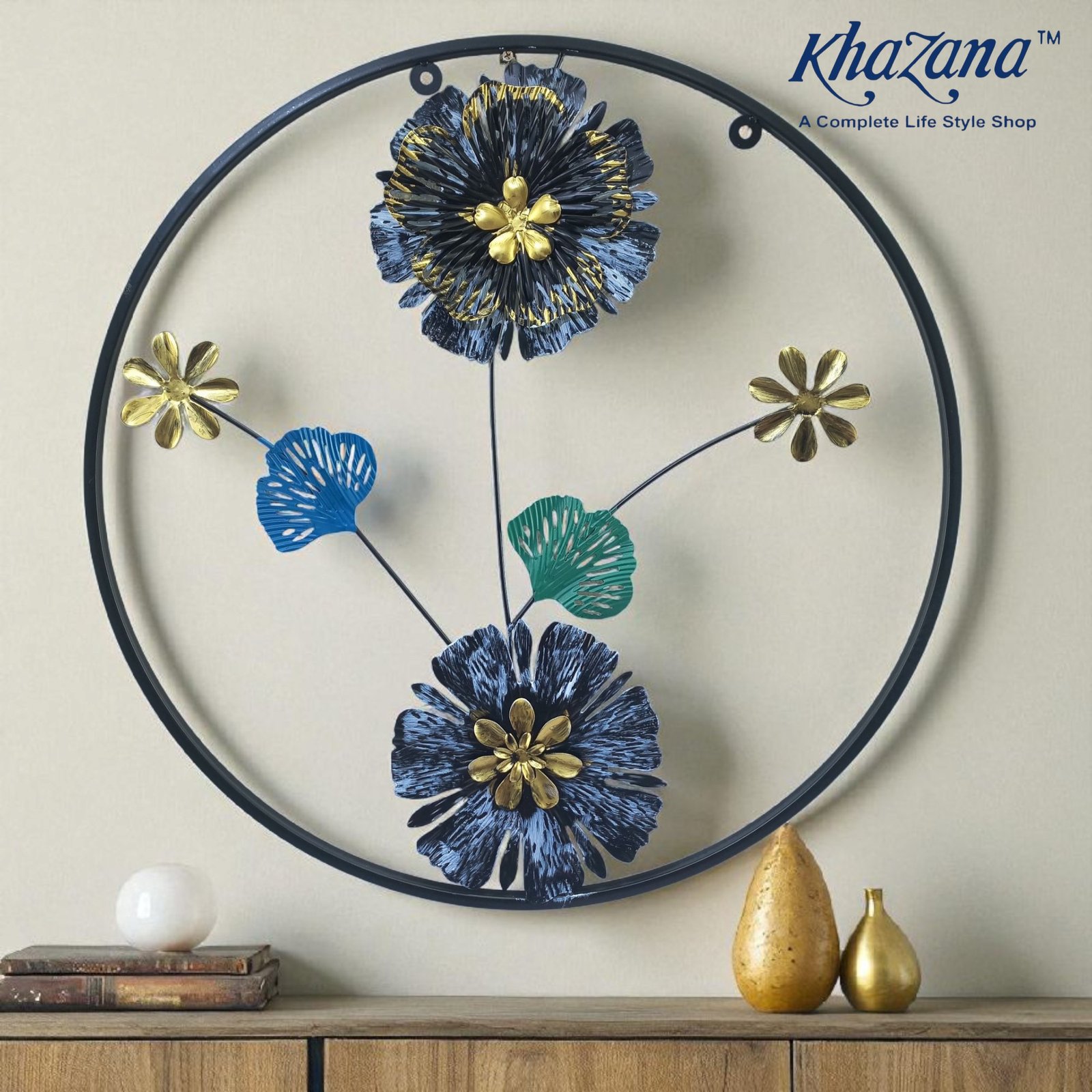 elegant circular metal wall decor with blue flowers and golden ginkgo accents elegant circular metal wall decor with blue flowers and golden ginkgo accents