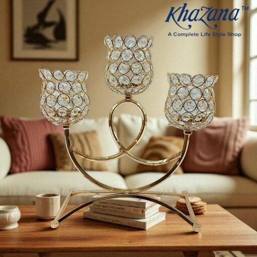 gemini said golden crystal 3 arm tulip candelabra – elegant table centerpiece