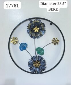 elegant circular metal wall decor with blue flowers and golden ginkgo accents
