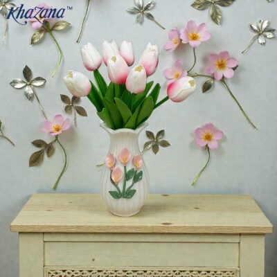 ribbed ceramic vase with hand painted calla lily relief