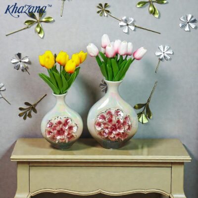 ceramic iridescent pearl flower vase with 3d embossed peony