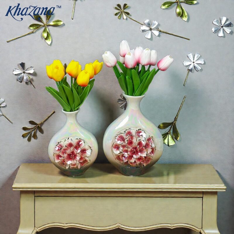 ceramic iridescent pearl flower vase with 3d embossed peony