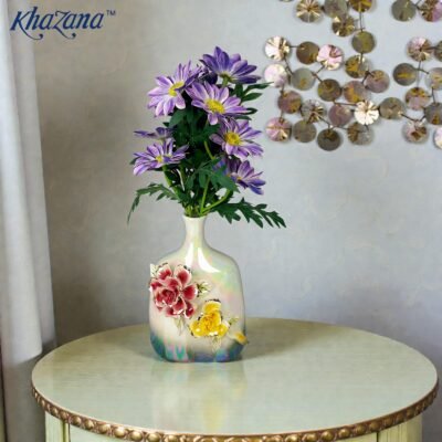 ornate 3d floral ceramic vase with iridescent pearl finish