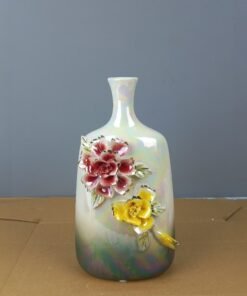 ornate 3d floral ceramic vase with iridescent pearl finish