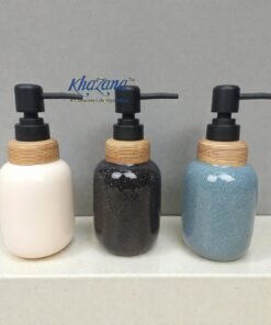 nordic ceramic soap dispenser set with bamboo accents