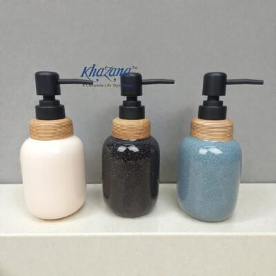 nordic ceramic soap dispenser set with bamboo accents