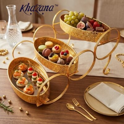royal tier gold metal serving tray stand