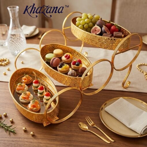 royal tier gold metal serving tray stand
