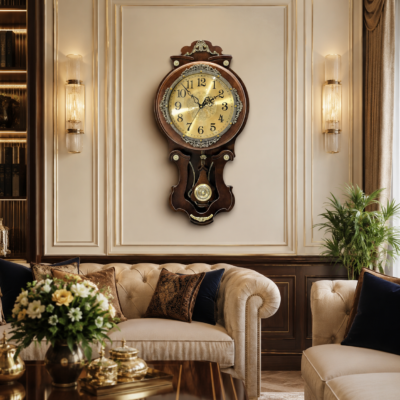 premium royal vintage wooden wall clock with moving pendulum