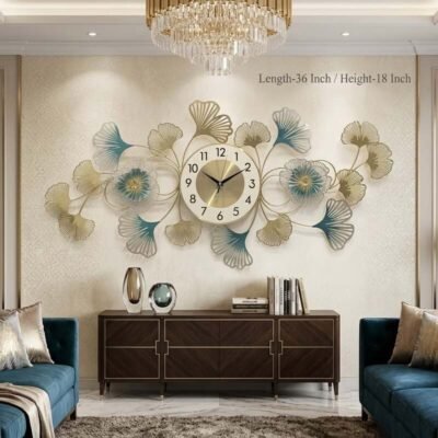 luxury ginkgo leaf & floral metal wall clock