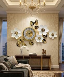 Mega Shop luxury floral metal wall art clock premium white & gold edition