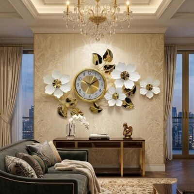luxury floral metal wall art clock premium white & gold edition