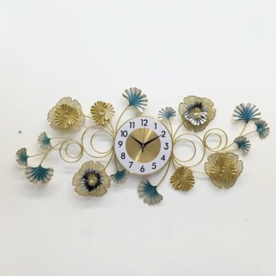luxury ginkgo leaf and floral burst metal decorative wall clock