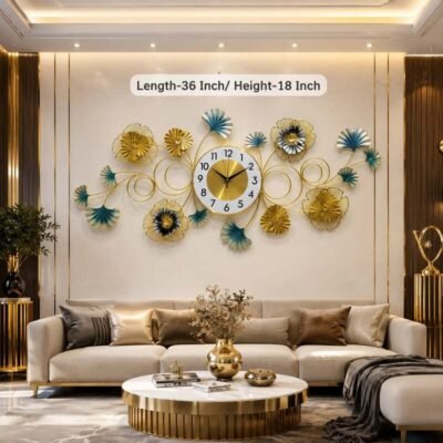 Luxury Ginkgo Leaf and Floral Burst Metal Decorative Wall Clock luxury ginkgo leaf and floral burst metal decorative wall clock