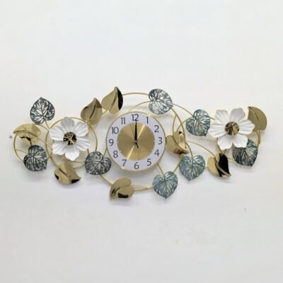 luxury white floral & monstera leaf metal wall clock