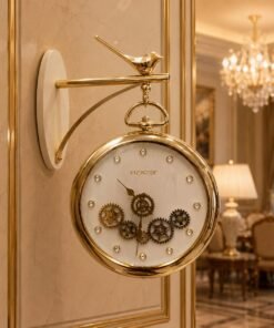 Mega Shop luxury vintage gold hanging station wall clock with white dial and bird motif