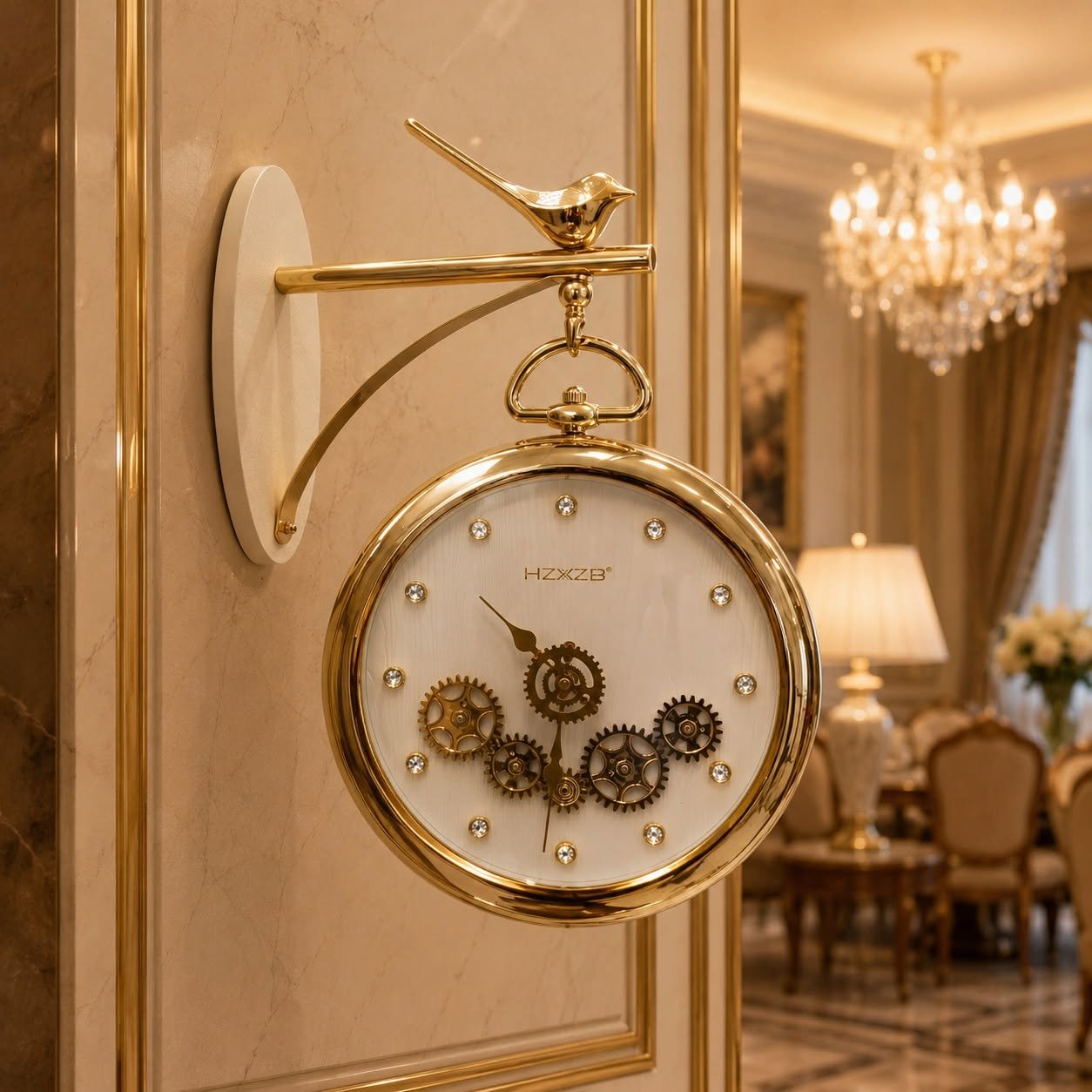 luxury vintage gold hanging station wall clock with white dial and bird motif luxury vintage gold hanging station wall clock with white dial and bird motif