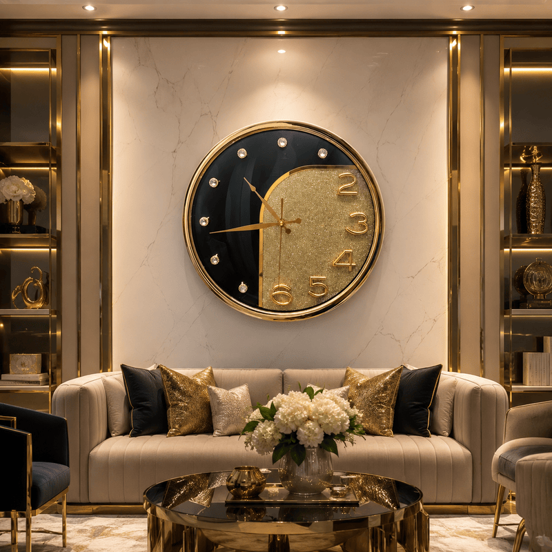 luxury dual texture gold glitter & glossy black wall clock luxury dual texture gold glitter & glossy black wall clock