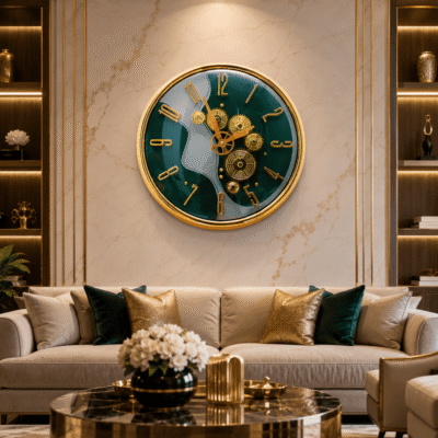 emerald jade wave luxury skeleton wall clock animated gold gears