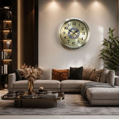 gold metal wall clock with decorative mosaic inlay