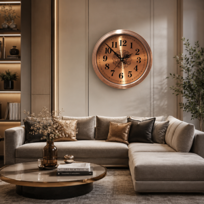 gold metal wall clock with decorative mosaic inlay