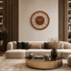modern round wall clock – elegant faux wood & gold skeleton design