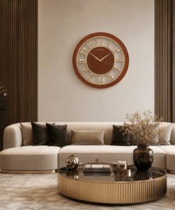 modern round wall clock – elegant faux wood & gold skeleton design