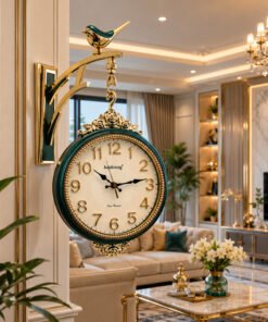luxury double sided emerald green and gold wall clock with bird bracket