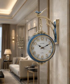 premium double sided pastel blue & gold wall clock with bird bracket