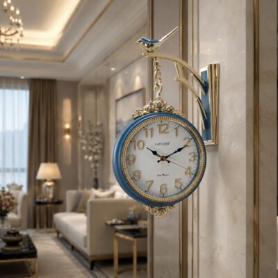premium Double-Sided Pastel Blue and Gold Wall Clock with Bird Bracket premium double sided pastel blue & gold wall clock with bird bracket