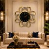 Luxury 23" Floral Sunburst Golden Wall Clock Elegant Shimmering Accent Frame with Black Dial and Crystal Details for Modern Home Decor luxury 23" floral sunburst golden wall clock elegant shimmering accent frame with black dial and crystal details for modern home decor