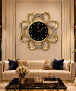 luxury 23" floral sunburst golden wall clock elegant shimmering accent frame with black dial and crystal details for modern home decor