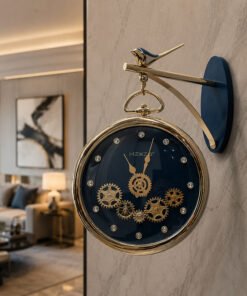 Mega Shop luxury vintage bird hanging station wall clock with visible gears deep blue & gold