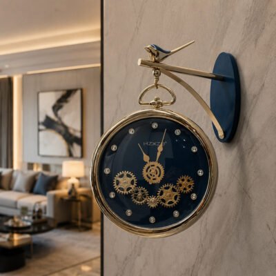 Luxury Vintage Bird Hanging Station Wall Clock with Visible Gears Deep Blue & Gold luxury vintage bird hanging station wall clock with visible gears deep blue & gold