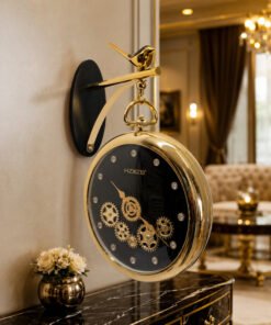 Mega Shop luxury vintage gold hanging station wall clock with bird motif and gear dial