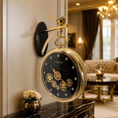 Luxury Vintage Gold Hanging Station Wall Clock with Bird Motif and Gear Dial luxury vintage gold hanging station wall clock with bird motif and gear dial