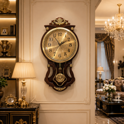 luxury vintage pendulum wall clock antique wooden & gold finish