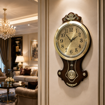 premium royal pendulum wall clock antique brass & wooden finish