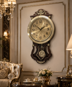 Mega Shop luxury vintage pendulum wall clock antique gold & royal wooden finish