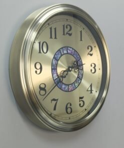 gold metal wall clock with decorative mosaic inlay