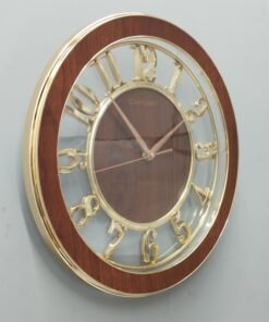 modern round wall clock – elegant faux wood & gold skeleton design