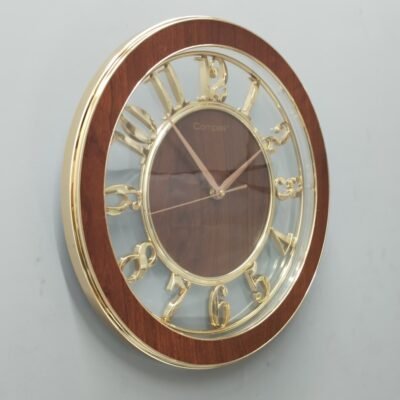 modern round wall clock – elegant faux wood & gold skeleton design