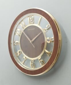 modern round wall clock – elegant faux wood & gold skeleton design