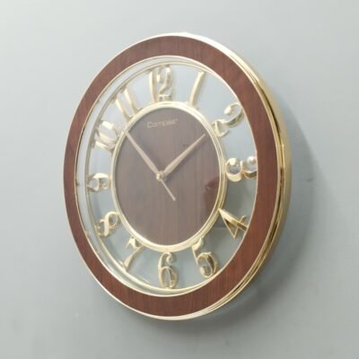 modern round wall clock – elegant faux wood & gold skeleton design