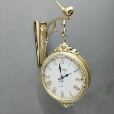 Double Sided Golden Wall Clock with Bird Bracket Vintage Inspired Station Clock with Silent Sweep Movement double sided golden wall clock with bird bracket vintage inspired station clock with silent sweep movement