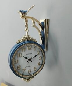 premium double sided pastel blue & gold wall clock with bird bracket premium double sided pastel blue & gold wall clock with bird bracket