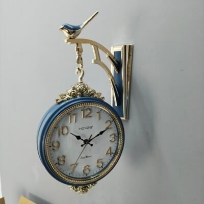 premium Double-Sided Pastel Blue and Gold Wall Clock with Bird Bracket premium double sided pastel blue & gold wall clock with bird bracket
