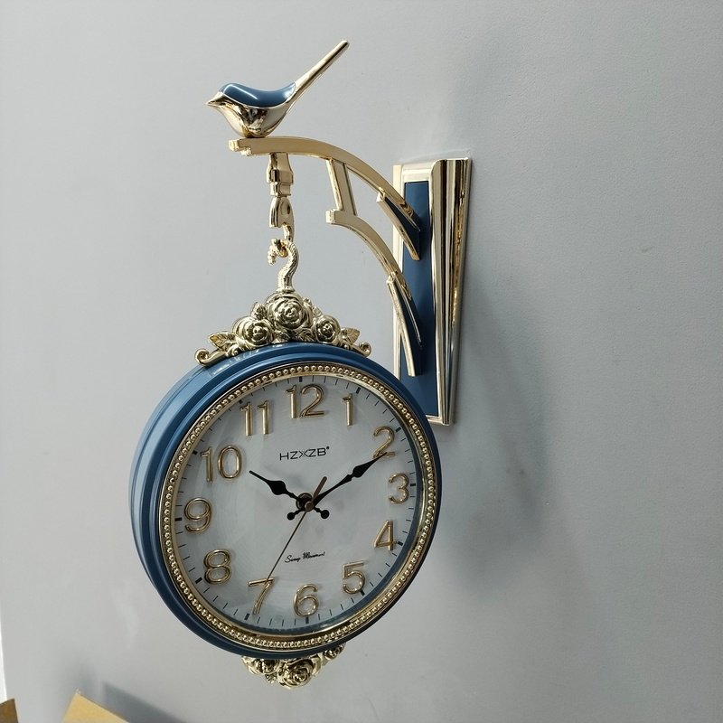 premium double sided pastel blue & gold wall clock with bird bracket premium double sided pastel blue & gold wall clock with bird bracket