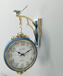 premium double sided pastel blue & gold wall clock with bird bracket premium double sided pastel blue & gold wall clock with bird bracket