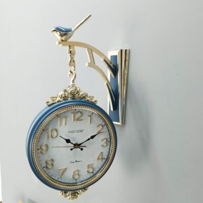 premium Double-Sided Pastel Blue and Gold Wall Clock with Bird Bracket premium double sided pastel blue & gold wall clock with bird bracket